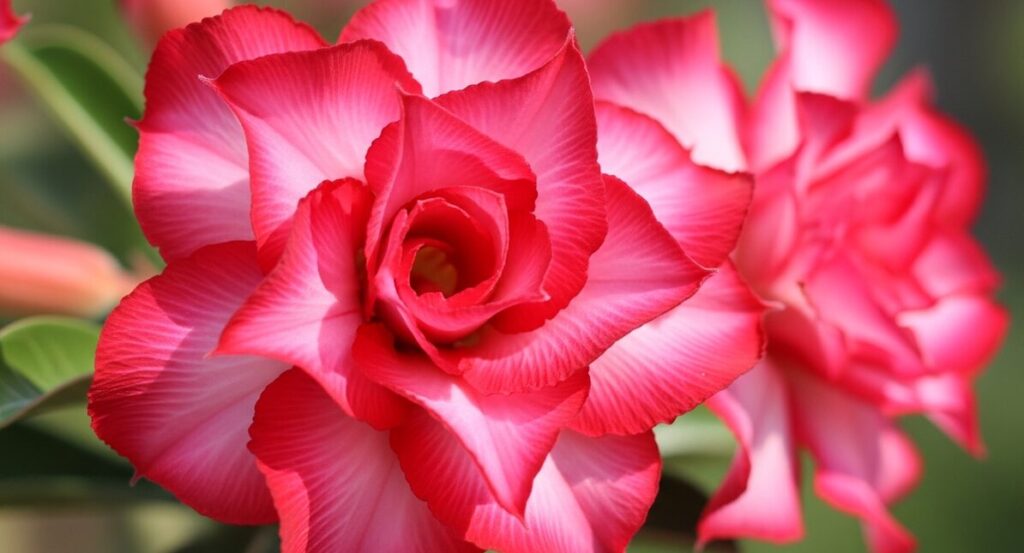 鮮やかな赤やピンクのグラデーションが美しい、八重咲きのアデニウムの花のアップ