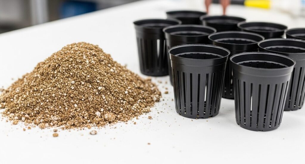 清潔感のあるテーブルの上で、排水性の良さそうな無機質の粒状土と、黒いプラスチック製のスリット鉢を準備している様子