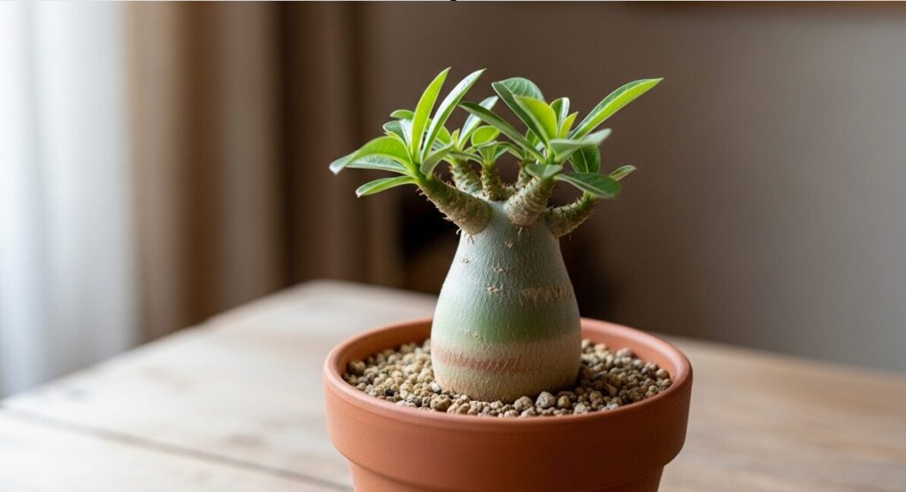 鉢に植えられた実生2年目の真正アデニウム・ソコトラナムの若苗