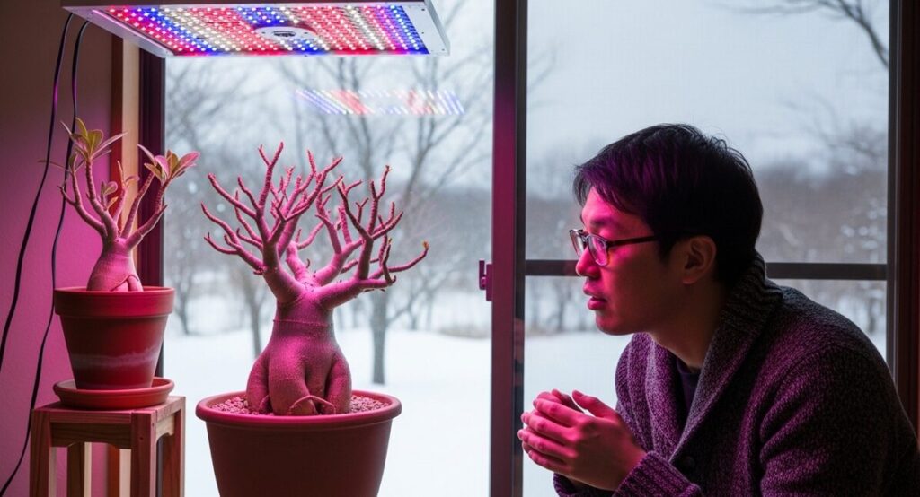 冬の室内で、植物用LEDライトの下で管理されている葉の落ちたアデニウム・ソコトラナム