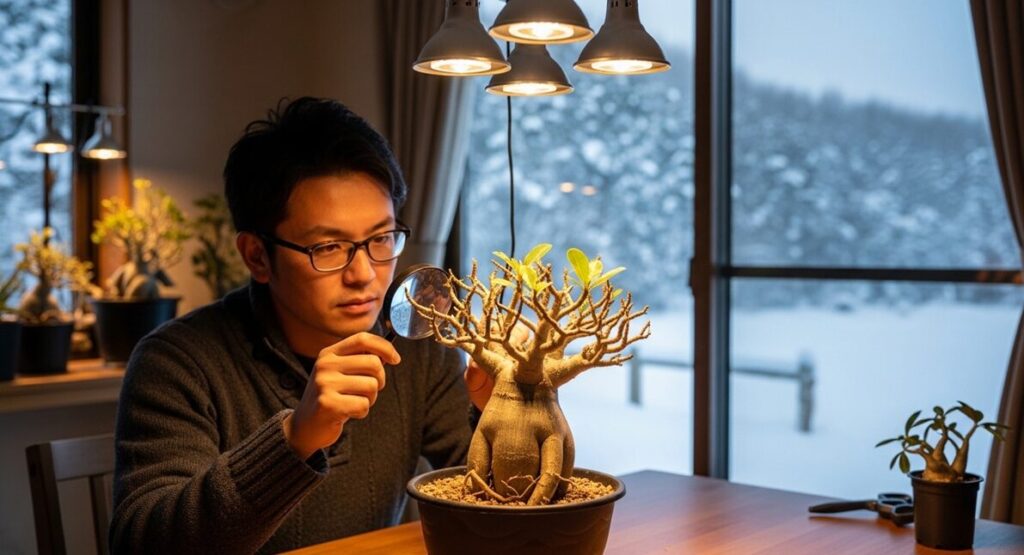日本のモダンな室内で、高出力の植物育成LEDライトの強い光を浴びて、がっしりと健康的に育つアデニウム・タイソコトラナムの姿