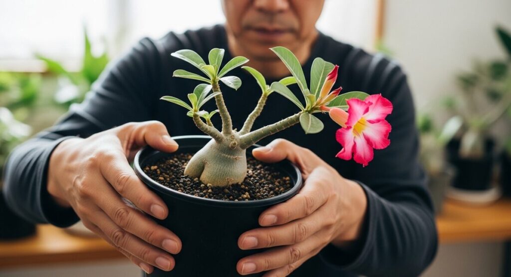 黒いプラスチック鉢に入ったアデニウムを持ち上げ、重さを確認しながら水やりのタイミングを慎重に判断する日本人男性