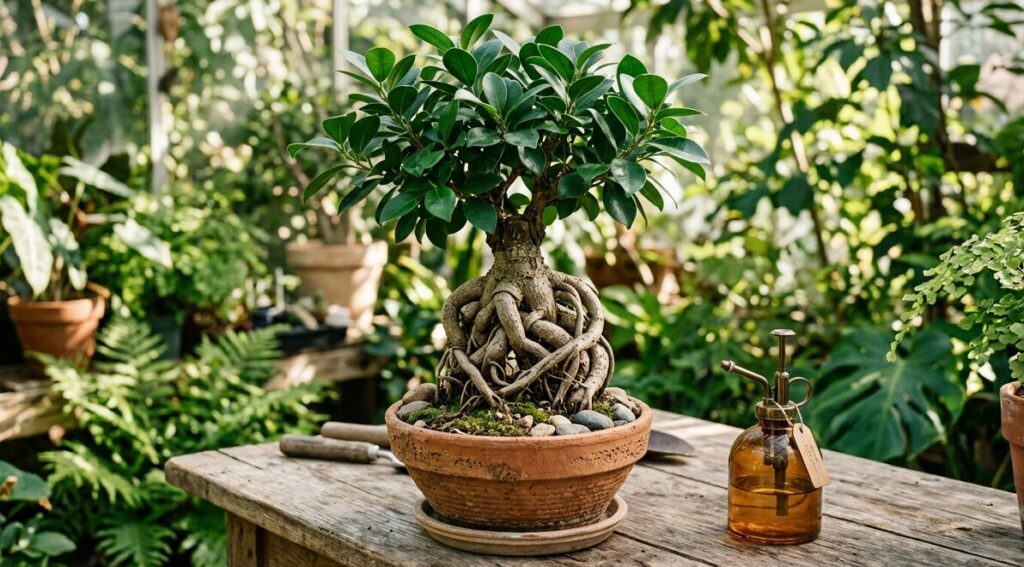木製のテーブルに置かれた、複雑に絡み合う太い気根が特徴的なガジュマルの鉢植え