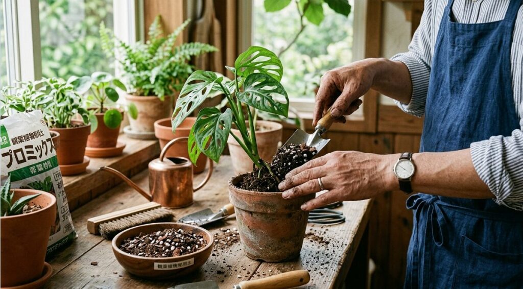 日本人の園芸愛好家が、丁寧に観葉植物を新しい鉢へ植え替えている手元の様子