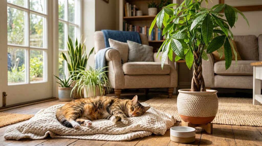 明るいリビングで、大きなパキラの鉢植えのそばでリラックスして座っている猫