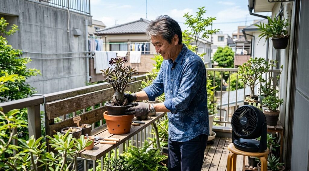 日本の住宅のベランダで、アデニウム・ブラック・ゴジラを日光に当てる日本人男性