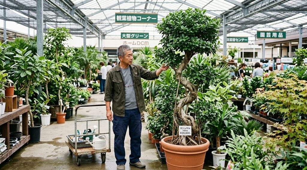 ホームセンターの広い園芸コーナーで、日本人の男性が背丈ほどの大きなガジュマルの樹形をじっくりと選んでいる風景