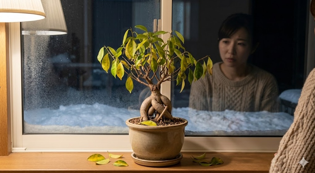 寒さで枯死しかけているガジュマルの鉢植え