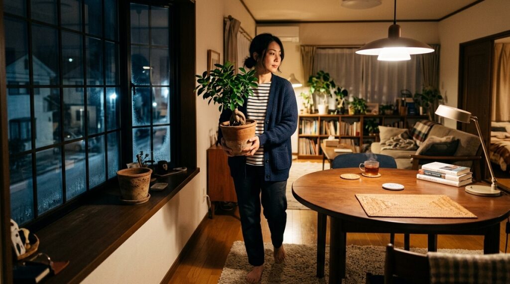 日本人の女性が窓際から部屋の中央にある暖かいテーブルの上へガジュマルの鉢を移動させている様子
