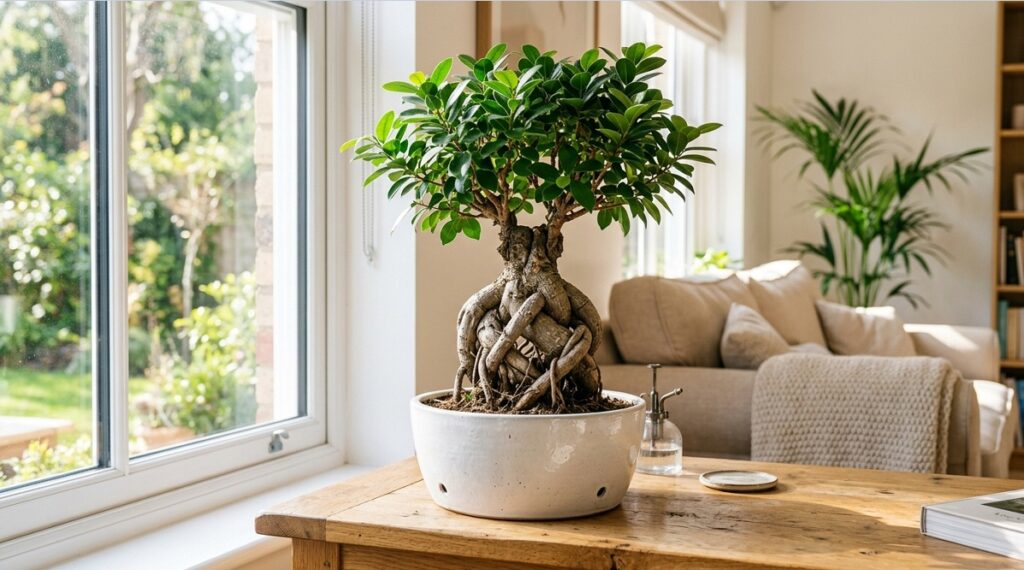木製のテーブルの上に置かれた、編み込み仕立ての立派なガジュマルの鉢植え