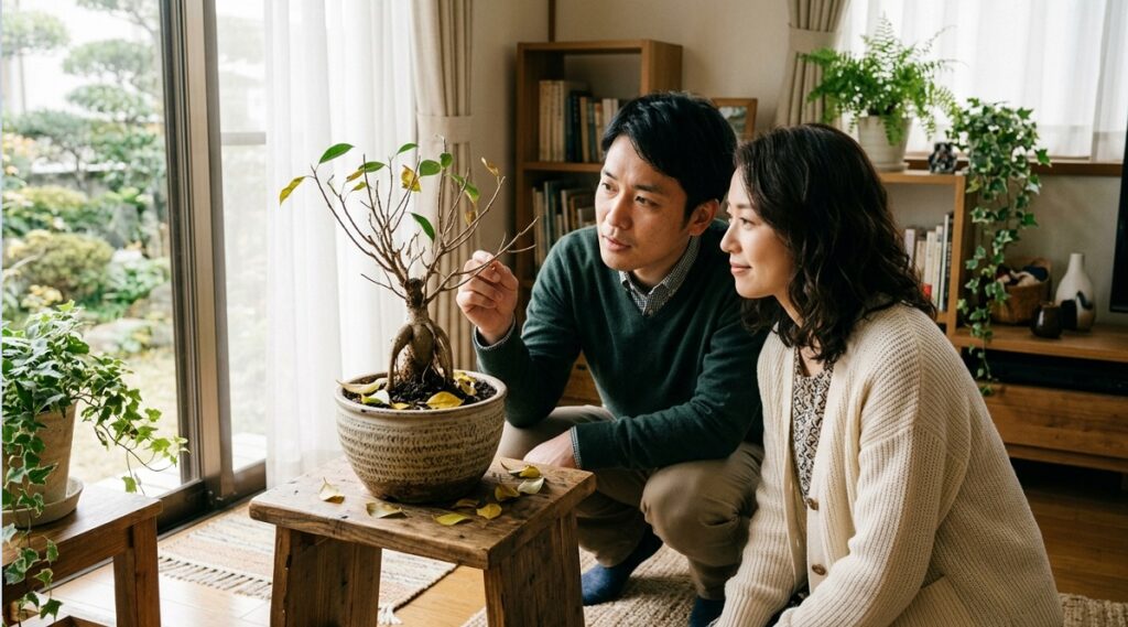 室内で少し葉を落としたガジュマルを、日本人の男女が慈しむような表情で見つめている様子