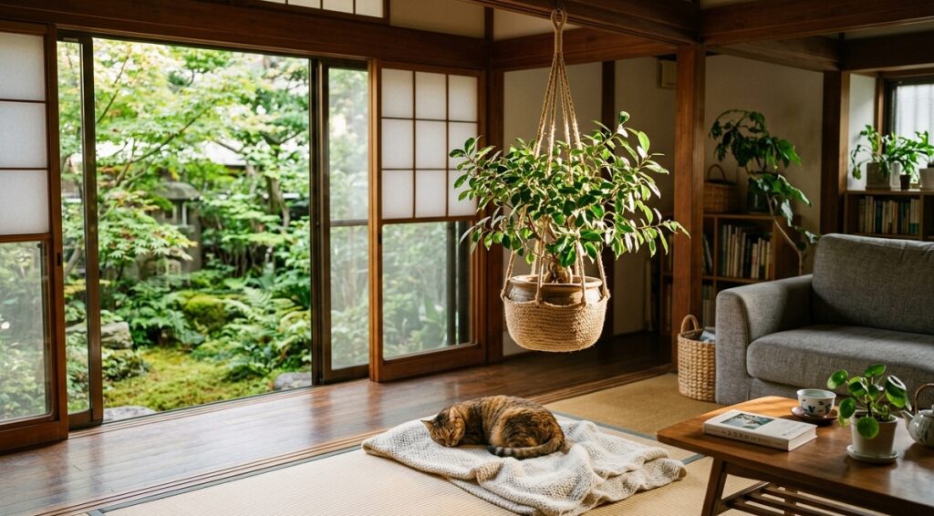 天井からハンギングプランターで吊るされたガジュマルと、その下でくつろぐ猫がいる日当たりの良い日本のリビング