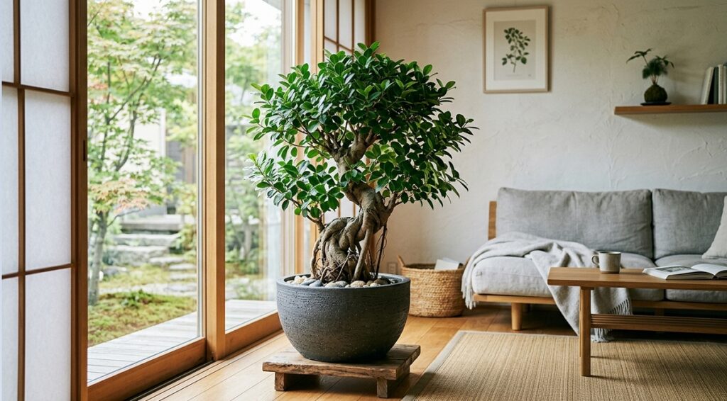 日本のモダンなリビングに置かれた、立派で健康的なガジュマルの鉢植え
