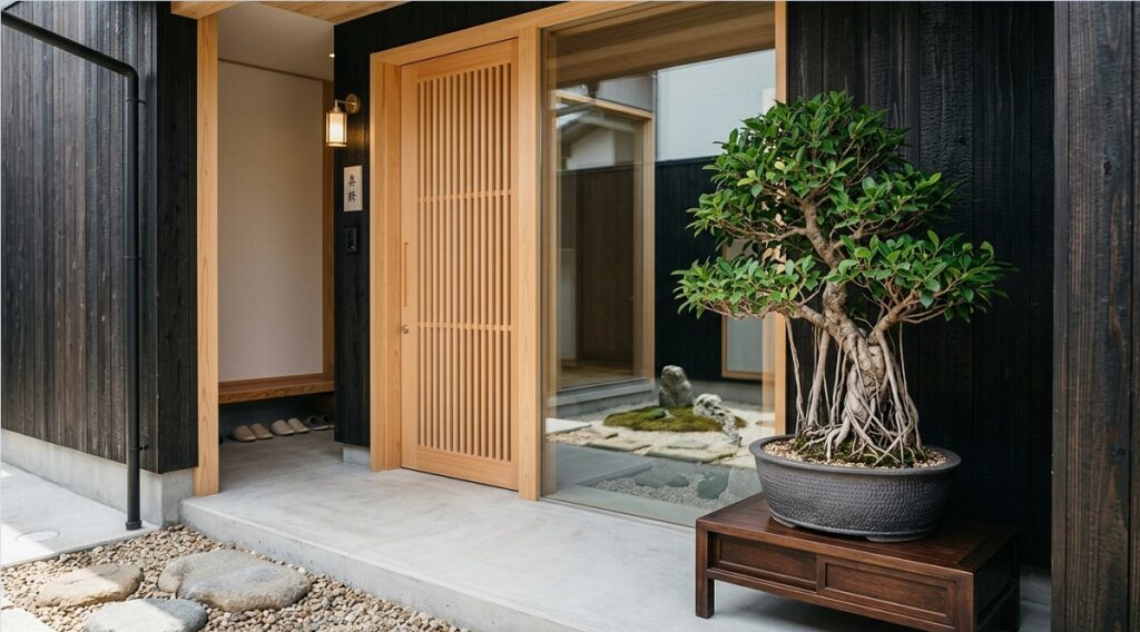清潔感のある和モダンな日本の住宅の玄関に、気の流れを整えるように置かれた、美しいガジュマルのミニ鉢植え。